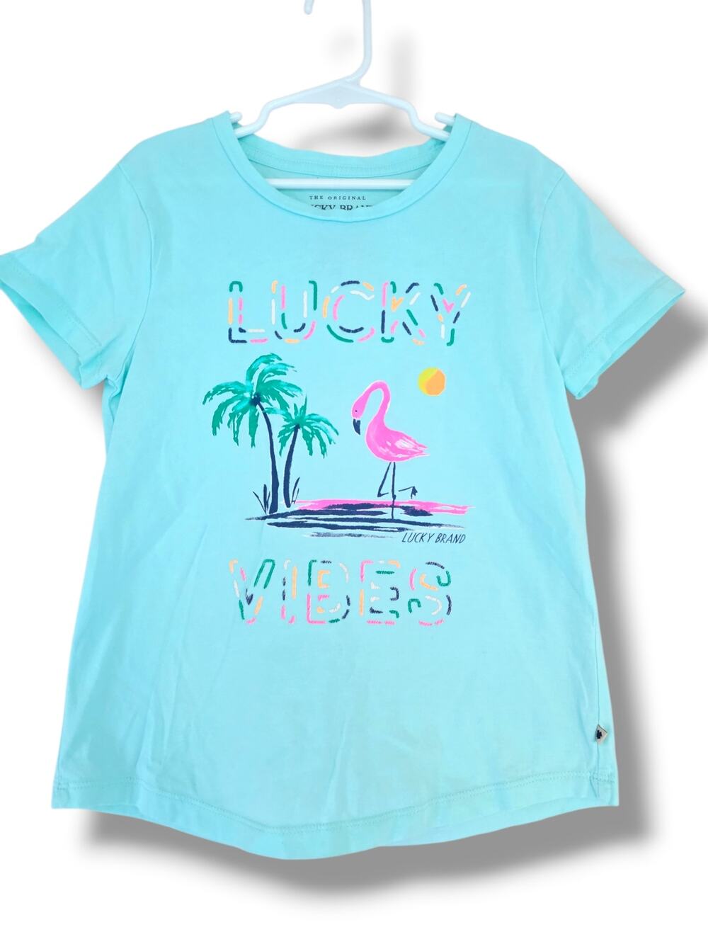 Lucky Brand Girls Lucky Vibes Graphic Tee Medium (8-10) Flamingo